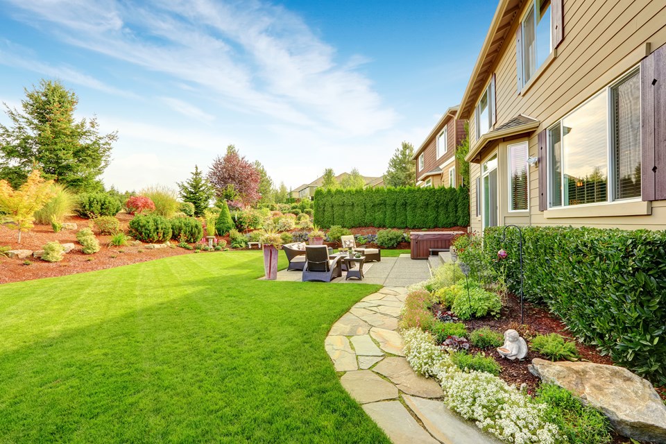 easy to maintain landscaping provides privacy.